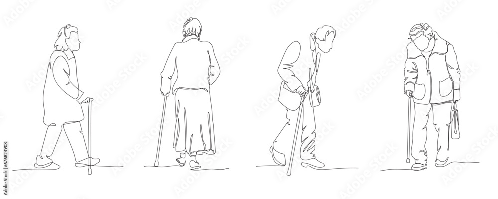 Senior people with walking canes. Set of 4 elderly men and women. Single line drawing. Vector illustration in line art style.