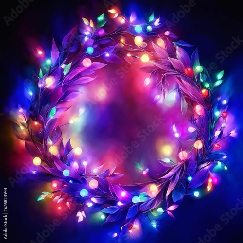 AI generated illustration of a festive wreath composed of leaves and lights on a dark background
