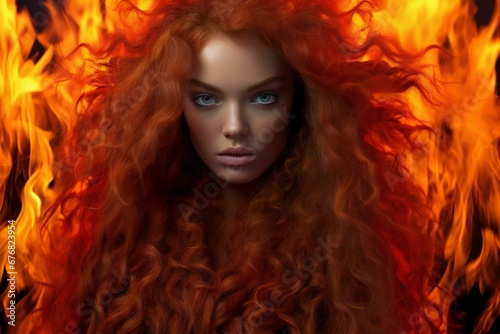 Portrait of a beautiful woman with red hair in the fire