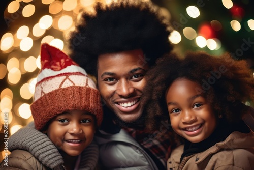 Happy family Christmas portrait, african father with two children in red hats smiling happily.