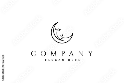 crescent moon logo with tree branch combination in line art design style photo