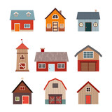 Cute farm, country house, granary and barn icons set isolated on white background