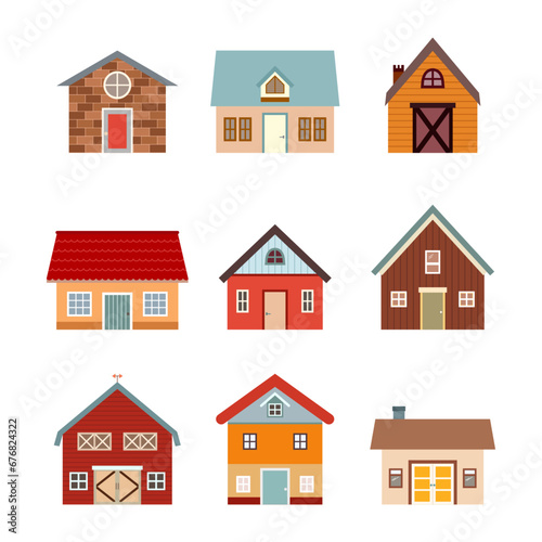 Set of different types with country houses, farm, barn and granary vector illustration in flat style