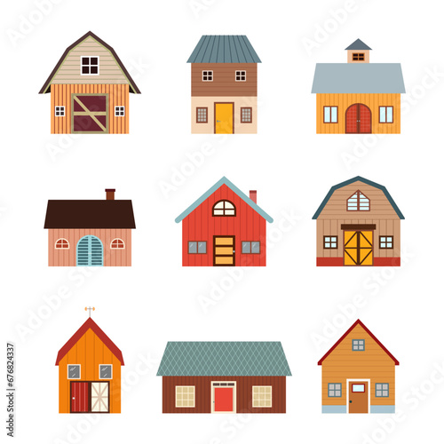 Rural icon collection with farm, barn, country house cute flat style illustration