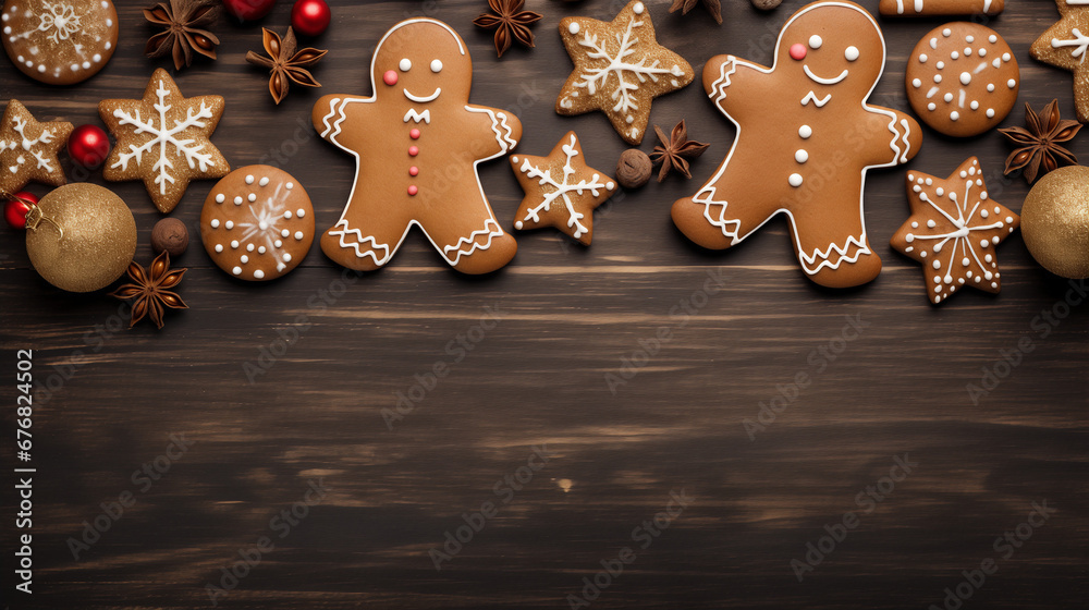 Wooden Christmas background with gingerbread, man, stars, balls, baubles, cherries, flowers and cookies