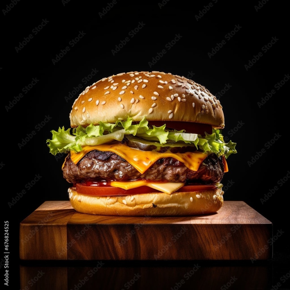 cheeseburger on black background and wooden marble board