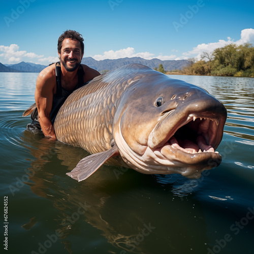 Young fisherman caught huge pike fish posing at seaside. Generative AI