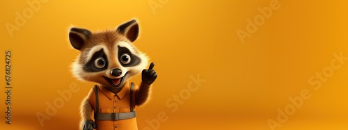 cute cartoon character happy raccoon points paw at copy space on an orange isolated background