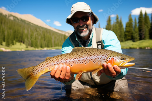 Happy excited fisherman holding caught trout standing in water. Generative AI