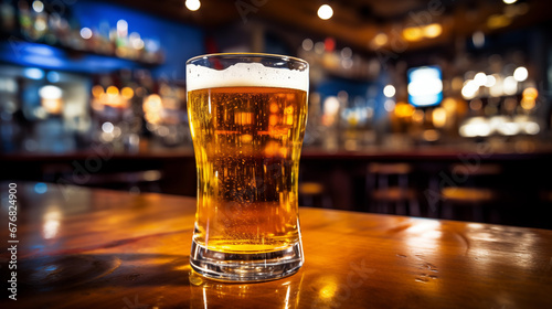 Foamy cold beer pint in glass on counter desk pub. Generative AI