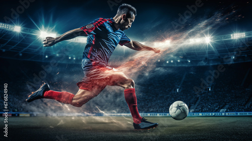 Football player running aiming soccer ball during match. Generative AI