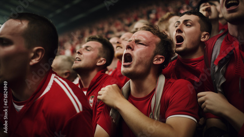 Crowd of football fans spectators cheering on stadium. Generative AI