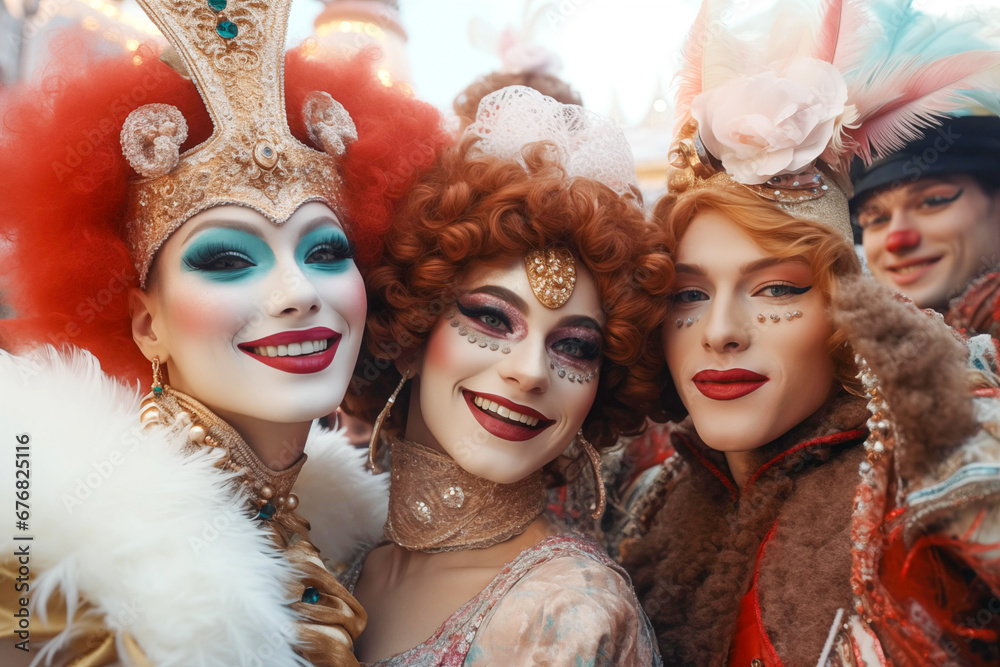 Fototapeta premium Group of people in venice carnival , selfie picture