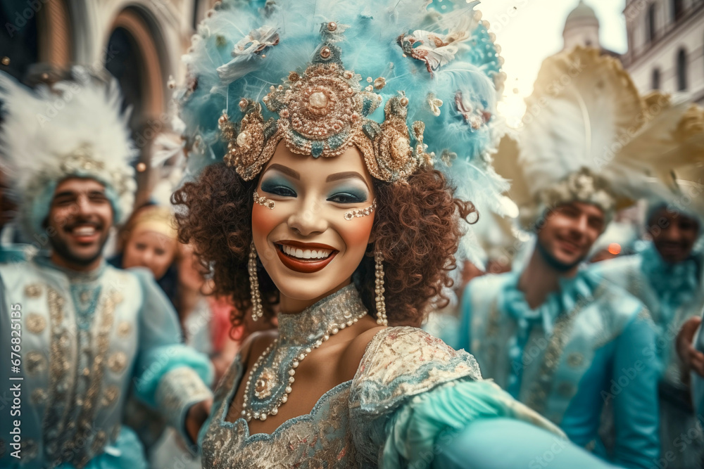 Black woman smiling at carnival , venetian masquerade