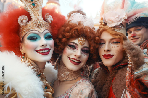 Group of people in venice carnival , selfie picture