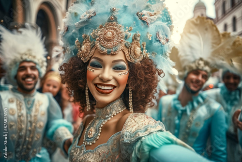 Black woman smiling at carnival , venetian masquerade