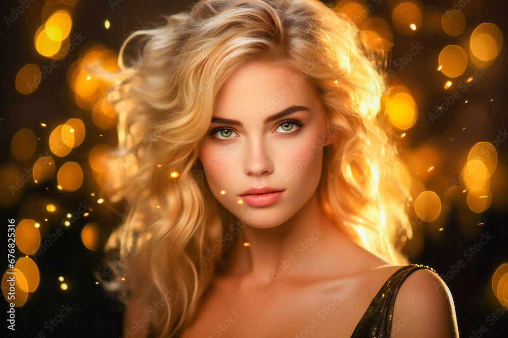 Young blonde beautiful woman portrait, with golden lights around Young blonde beautiful woman portrait, with golden lights around