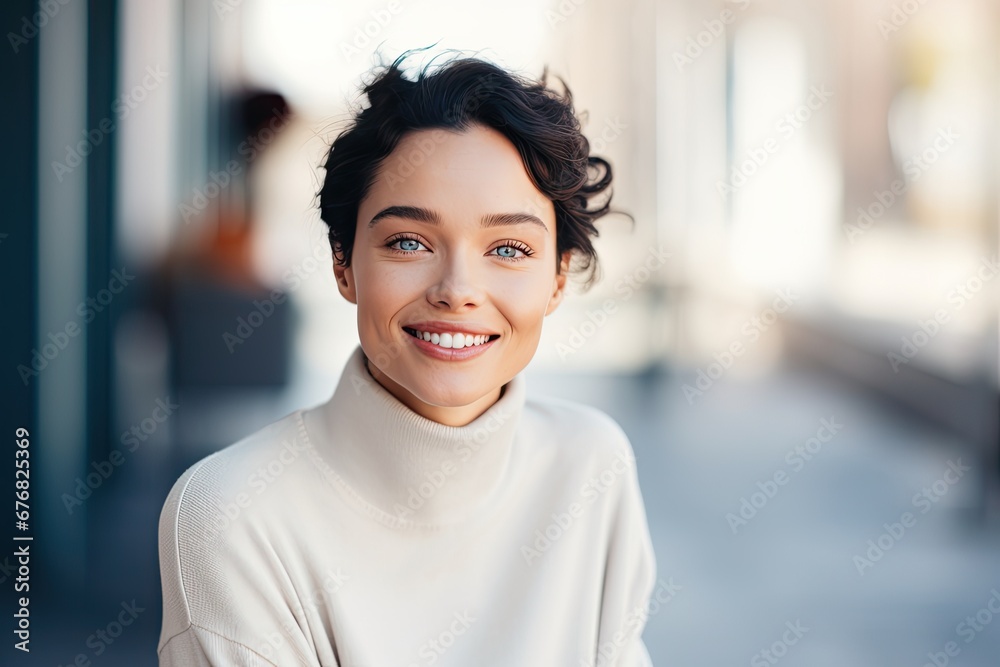 Beautiful and happy young woman with a confident smile against the background of the city. Beautiful and happy young woman with a confident smile against the background of the city.