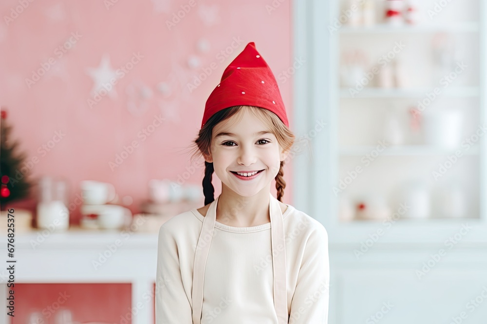Cute little girl wearing a Christmas hat enjoying the holiday season indoors. Cute little girl wearing a Christmas hat enjoying the holiday season indoors.