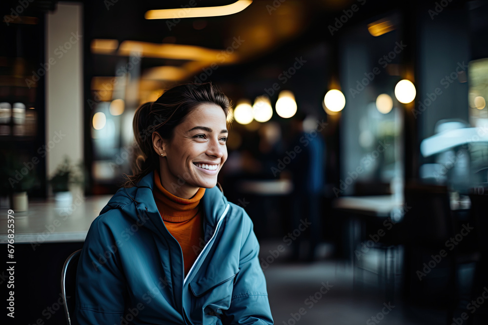 Young and happy woman with a beautiful smile sitting in a modern cafe.