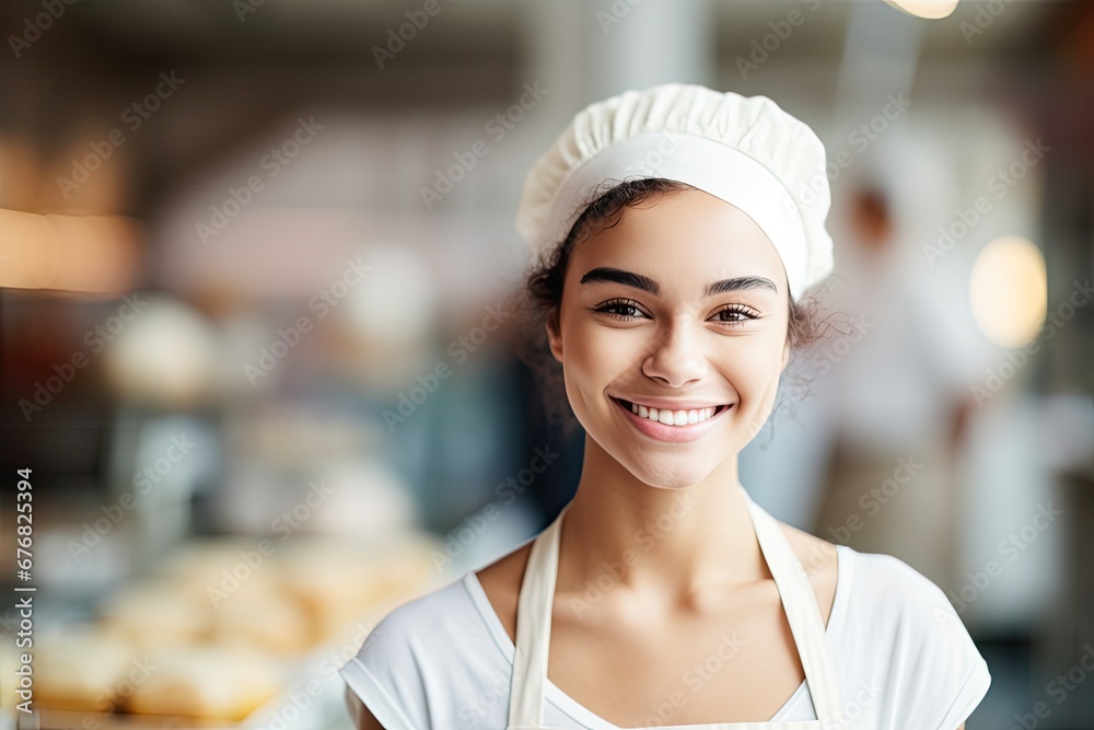 A confident and happy young woman in a bakery uniform stands at the counter and is ready to serve customers. A confident and happy young woman in a bakery uniform stands at the counter and is ready to serve customers.