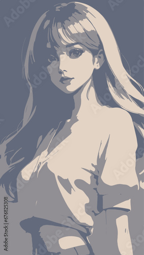 girl with long hair, silhoutte woman beautiful teenage girl vector illustration, anime girl, cartoon style