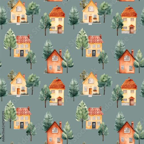European houses seamless pattern. Cute watercolor buildings and trees. Trendy scandi vector background