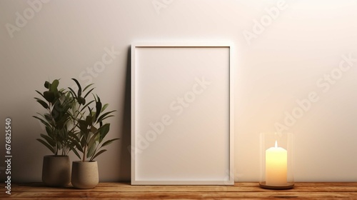 A close-up photo of a mockup poster empty frame on a shelf with a variety of home d  cor items  such as plants  books  and candles. The background is a light-colored wall.  