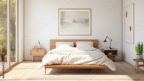 A mockup poster empty frame standing on a wooden easel in a modern bedroom. The bed is covered in a white duvet cover and pillows  and there is a nightstand on either side of the bed. The walls are pa