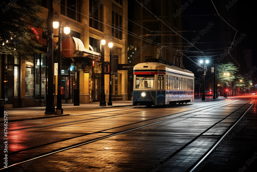 Tram on European street at night. Generative AI Tram on European street at night. Generative AI