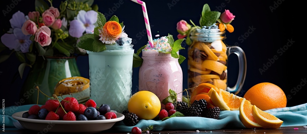 During her travel she captured a beautiful photograph of her healthy breakfast with a colorful array of fruits accompanied by a light blue milkshake and a drizzle of honey setting the perfec