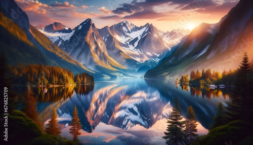Beautiful mountains landscape with lake mirror effect.