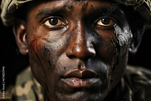 Portrait of young african american soldier with dirty face and dirty face