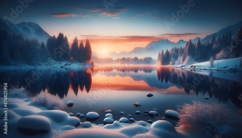 Winter landscpe with sunrise over the lake. photo