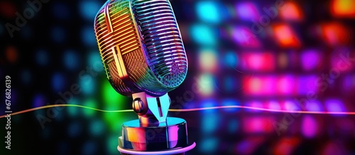 Colorful holographic microphone on dark background. AI generated image