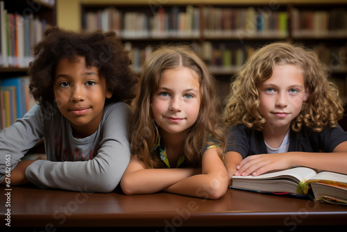 Group of friends sitting at table in library. Generative AI