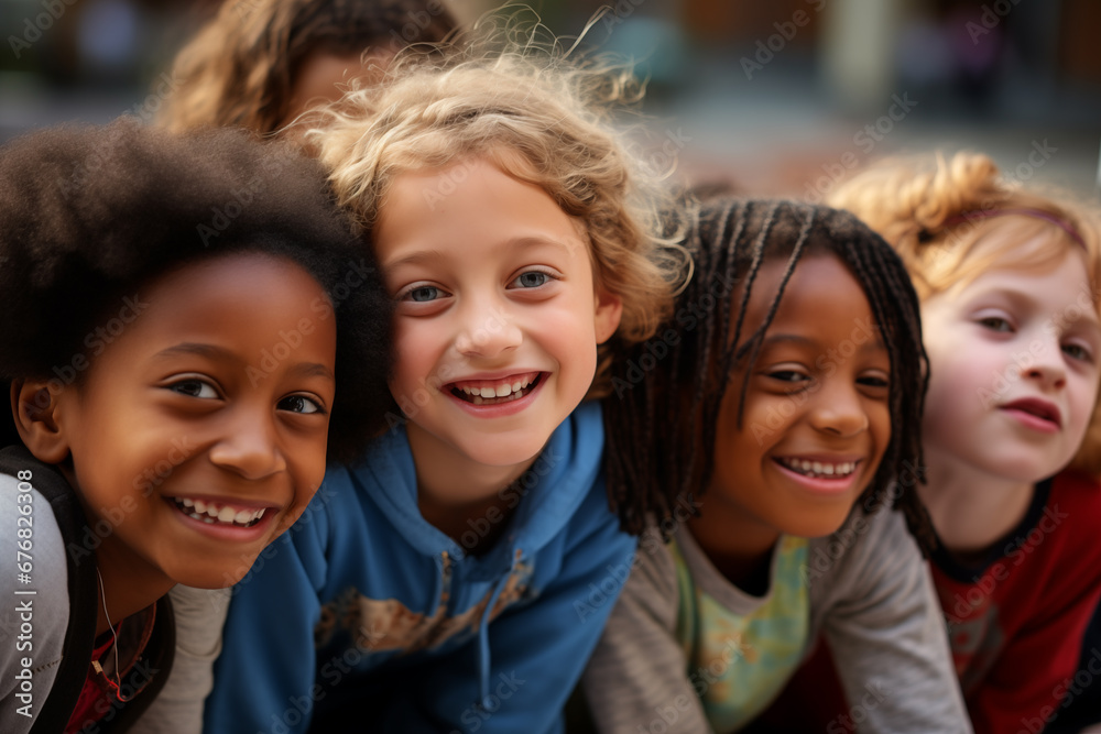 Smiling kids sitting outdoor together. Generative AI