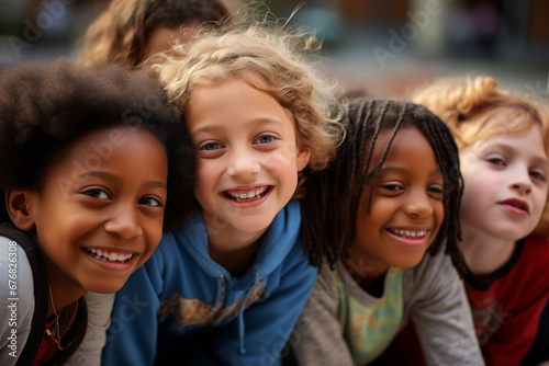 Smiling kids sitting outdoor together. Generative AI