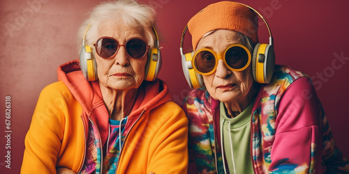 Two Eccentric Grandmothers Groove to the Beat, Sporting Headphones, Sunglasses, and Vibrant Fashion in a Kaleidoscope of Colors, AI generated