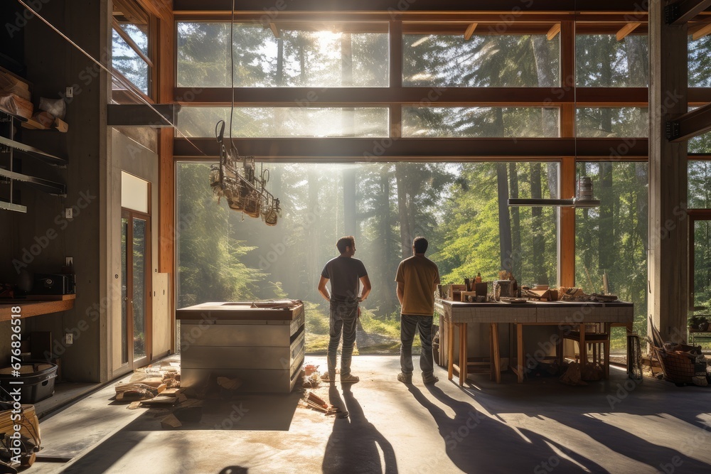Two man standing in a sunlit interior. - obrazy, fototapety, plakaty 