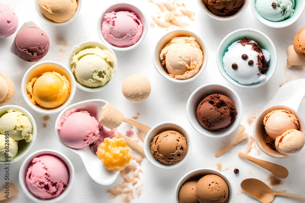 Obraz premium A selection of bowls of ice cream of different flavors in white bowls on a white background