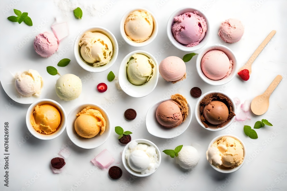 A selection of bowls of ice cream of different flavors in white bowls on a white background