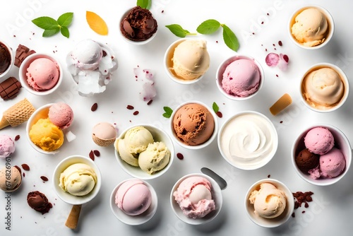 A selection of bowls of ice cream of different flavors in white bowls on a white background