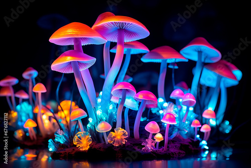 purple mushrooms with glowing pink and orange lights in a dark background