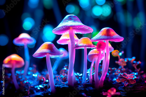 purple mushrooms with glowing pink and orange lights in a dark background 