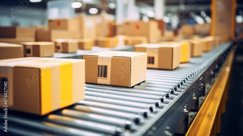 Close-up of multiple cardboard box packages seamlessly moving along a conveyor belt in a warehouse. © crazyass
