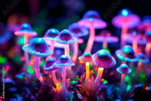 purple mushrooms with glowing pink and orange lights in a dark background