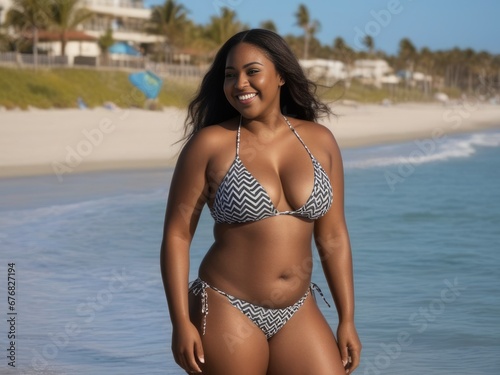 African american woman in swimwear at the sea. Overweight young woman in swimsuit against the sea.