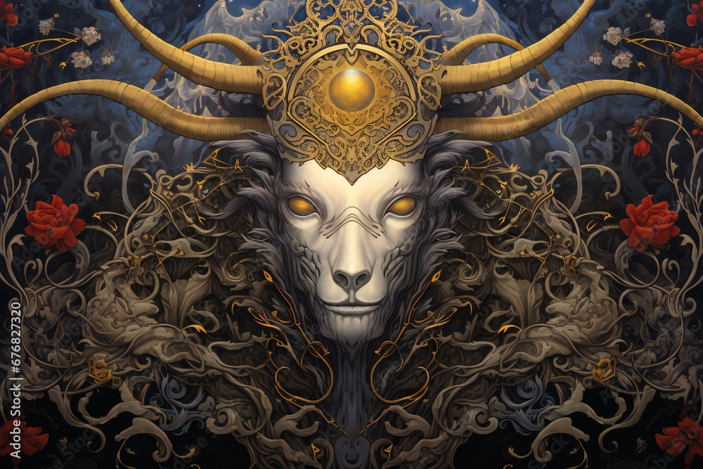 Digital illustration of a goat with a golden ornament on a dark background