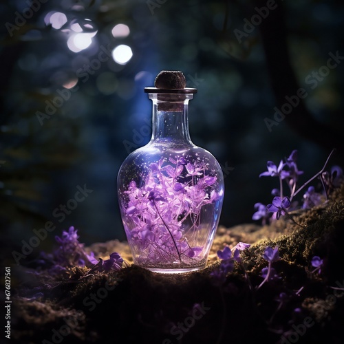 An enchanting scene depicting a glass bottle filled with flowers